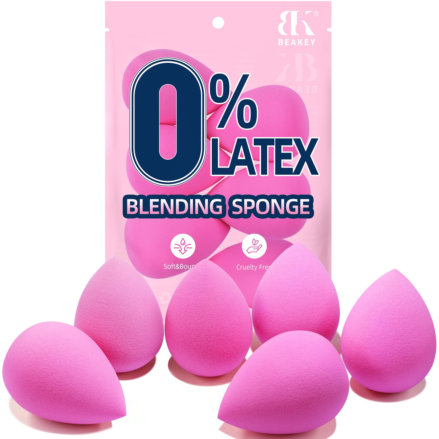 BEAKEY Makeup Sponge, Latex Free Beauty Sponge Blender for Blending Foundation Powder, Rose 6 Count - BEAKEY