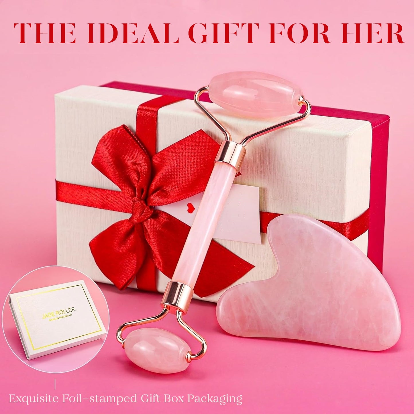 BEAKEY Jade Roller & Gua Sha, Natural Jade Face Roller Gua Sha Facial Tools Skin Care Massager, Pink - BEAKEY