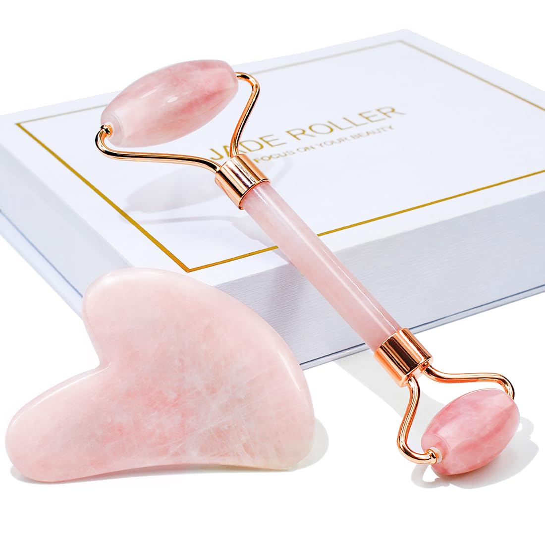 BEAKEY Jade Roller & Gua Sha Set, Face Roller and Guasha Facial Massager for Skin Care, Rose Quartz - BEAKEY