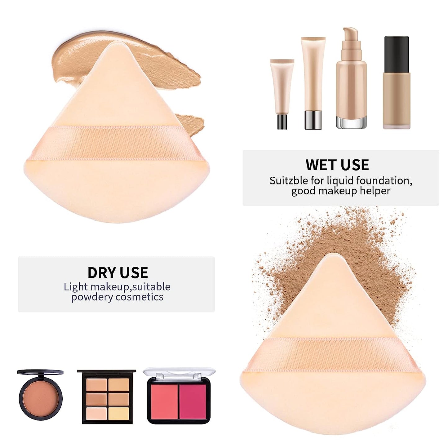 BEAKEY Powder Puffs for Face, Triangle Velour Beauty Sponge for Powder & Liquid Makeup, 12 Pcs Nude - BEAKEY