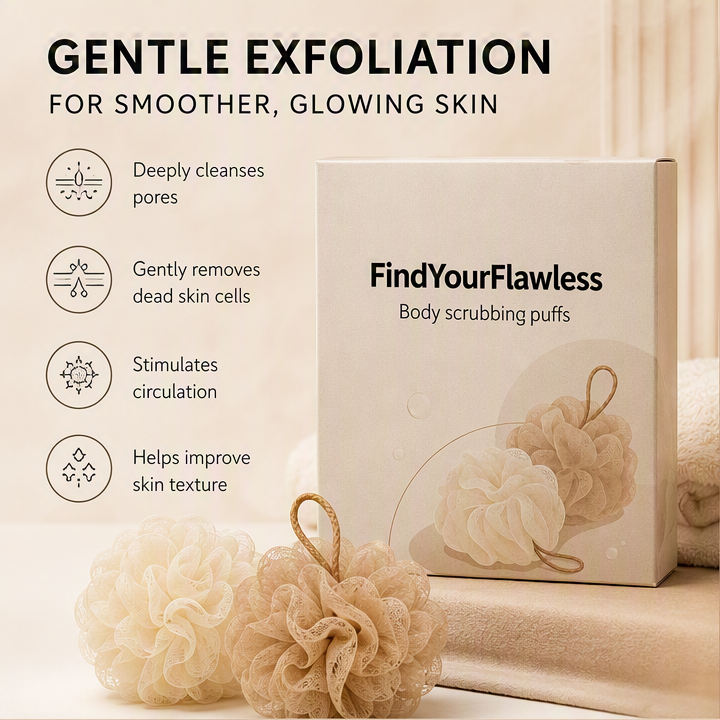 FindYourFlawless Body Scrubbing Puffs, Soft Mesh Shower Loofah with Hanging Loop for Body Cleansing