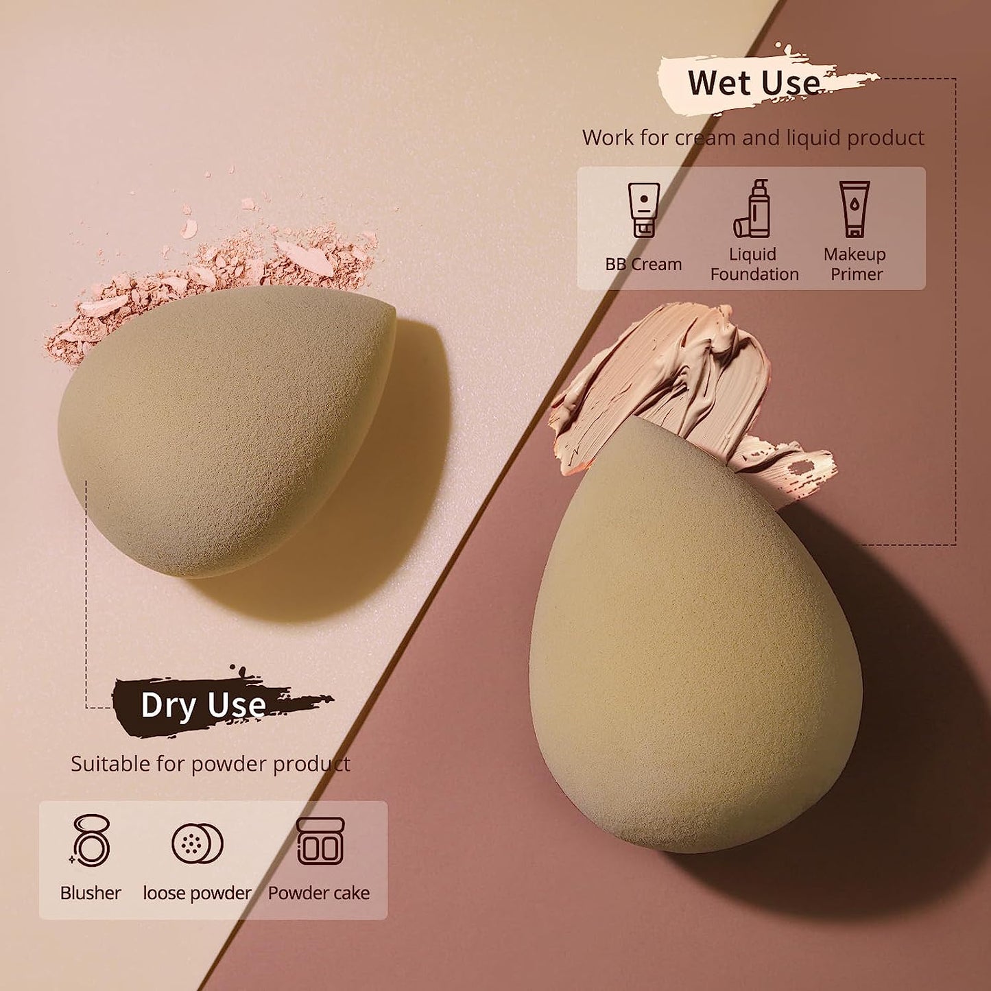 BEAKEY Makeup Sponge Foundation Blending Paw Paw Sponge for Liquid Cream and Powder 6Pcs Pink & Nude - BEAKEY