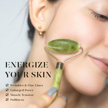 BEAKEY Jade Roller & Gua Sha, Natural Jade Face Roller Gua Sha Tool Facial Skin Care Massager, Green