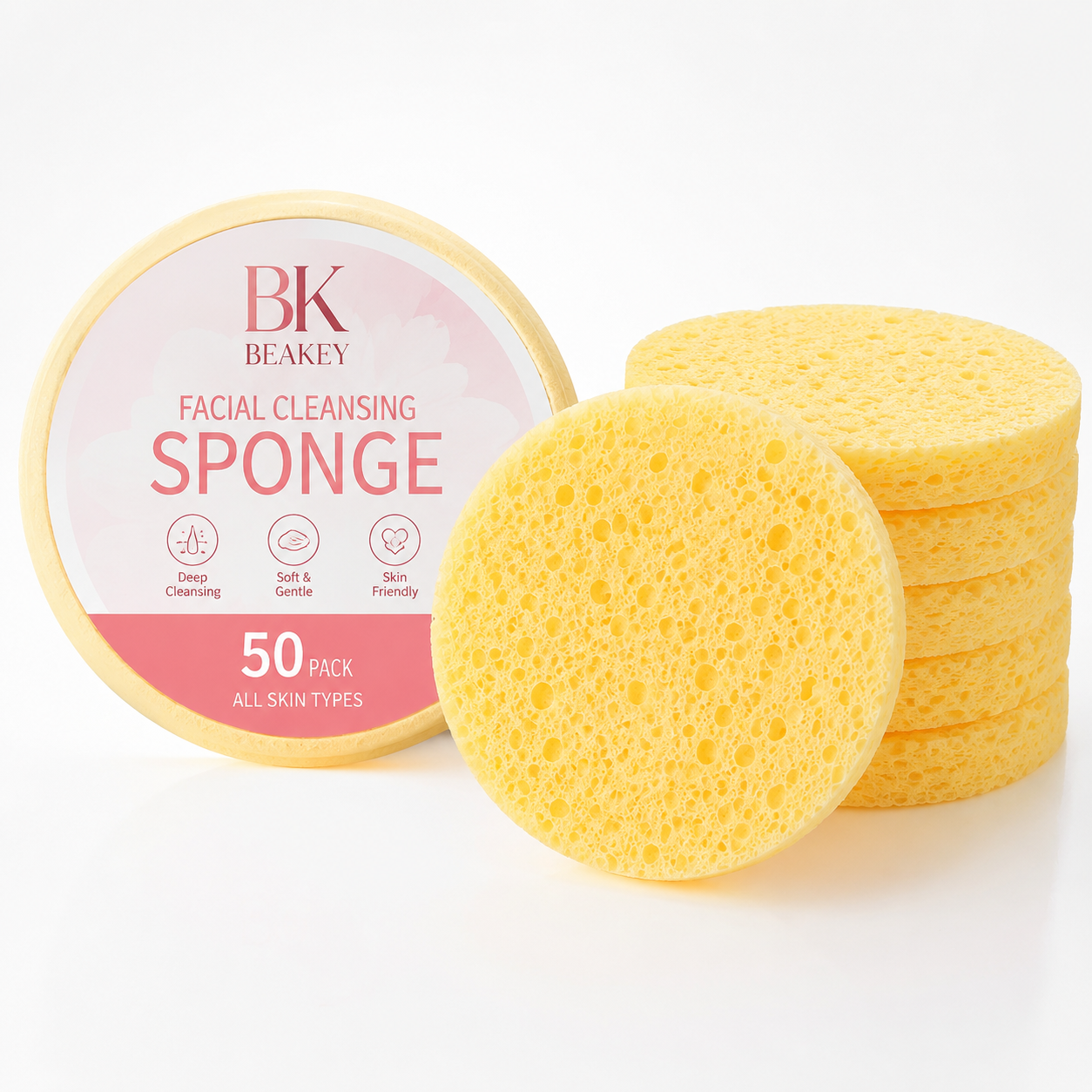 BK BEAKEY Facial Cleansing Sponge, 50 Pack Round Face Cleaning Sponges