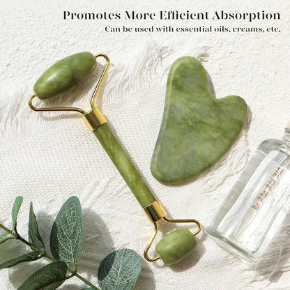 BEAKEY Jade Roller & Gua Sha, Natural Jade Face Roller Gua Sha Tool Facial Skin Care Massager, Green