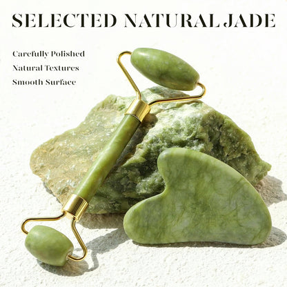 BEAKEY Jade Roller & Gua Sha, Natural Jade Face Roller Gua Sha Tool Facial Skin Care Massager, Green
