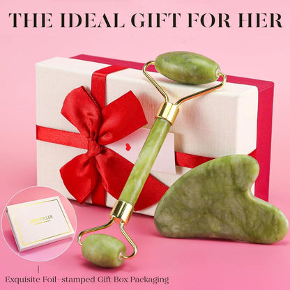 BEAKEY Jade Roller & Gua Sha, Natural Jade Face Roller Gua Sha Tool Facial Skin Care Massager, Green