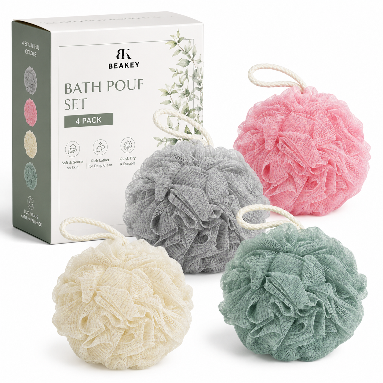 BK BEAKEY Bath Pouf Set, 4 Pack Body Scrubbing Puffs with Hanging Loop, Soft Mesh Shower Loofah Sponges for Rich Lather