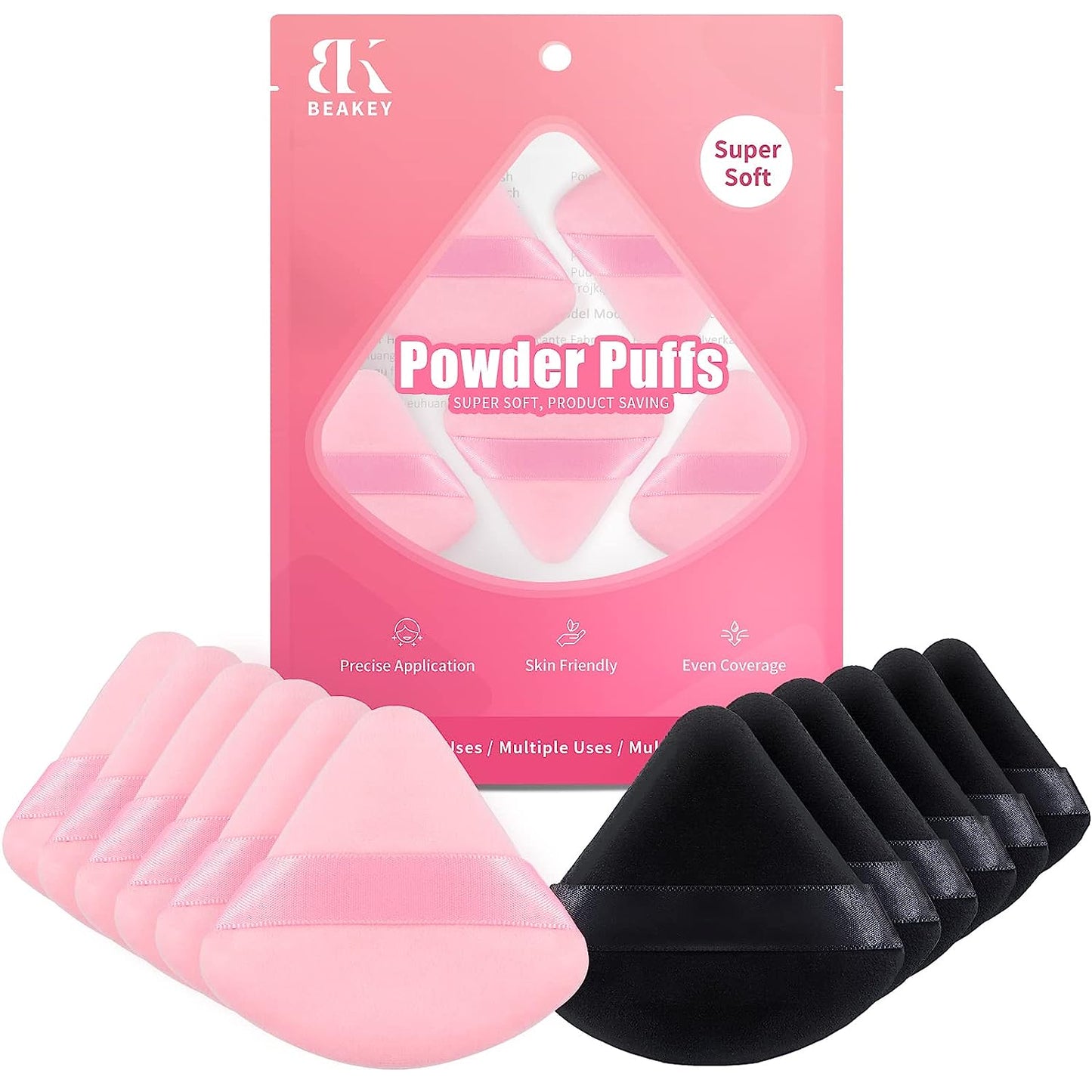 BEAKEY Powder Puffs for Face, Triangle Beauty Sponge for Powder & Liquid Makeup, 12 Pcs Black & Pink - BEAKEY
