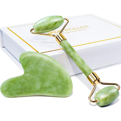 BEAKEY Jade Roller & Gua Sha Set, Natrue Jade Face Roller & Guasha Facial Skin Care Massager, Green - BEAKEY