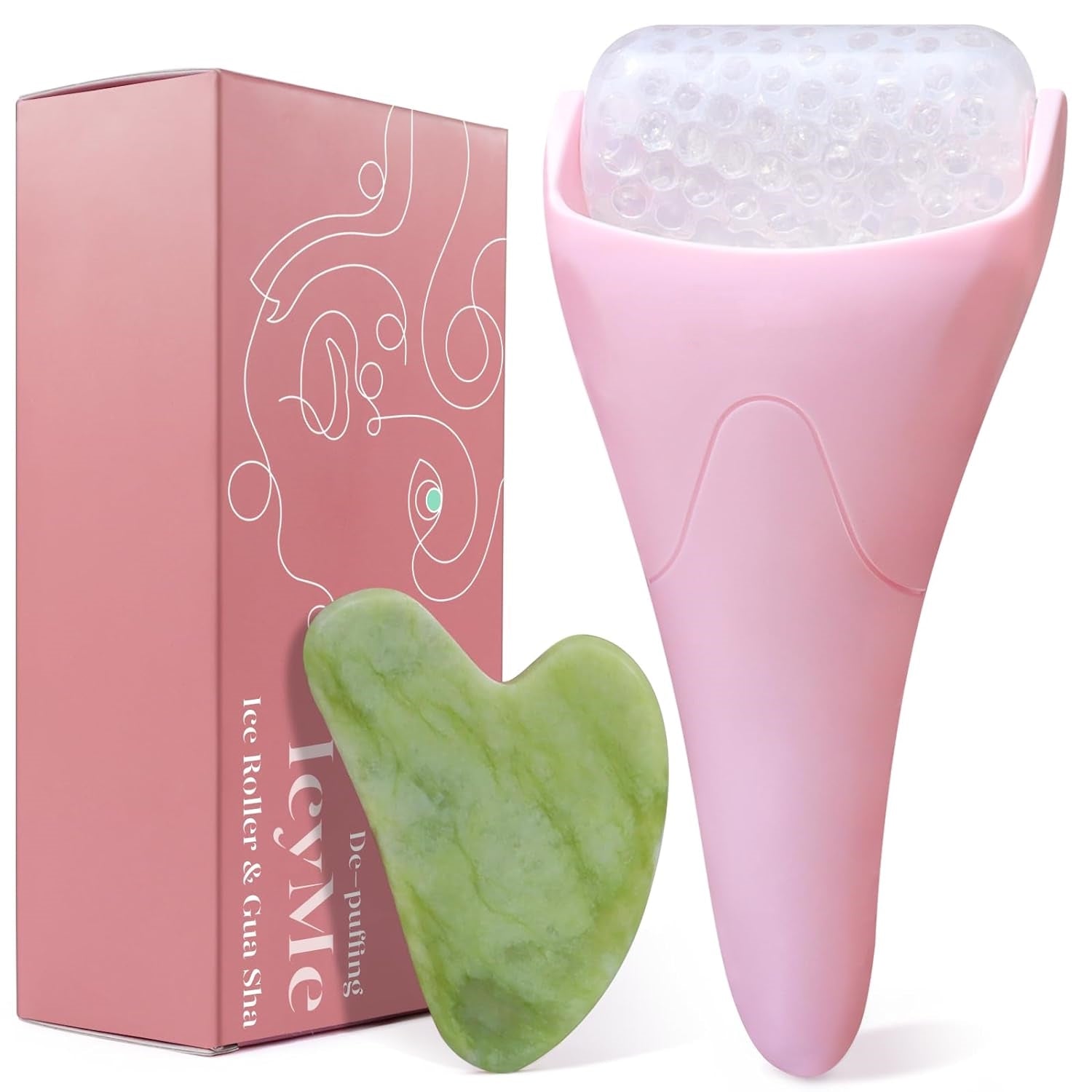 BEAKEY Ice Roller for Face with Gua Sha, Cryotherapy Face Roller Set Facial Skin Care Massager, Pink - BEAKEY