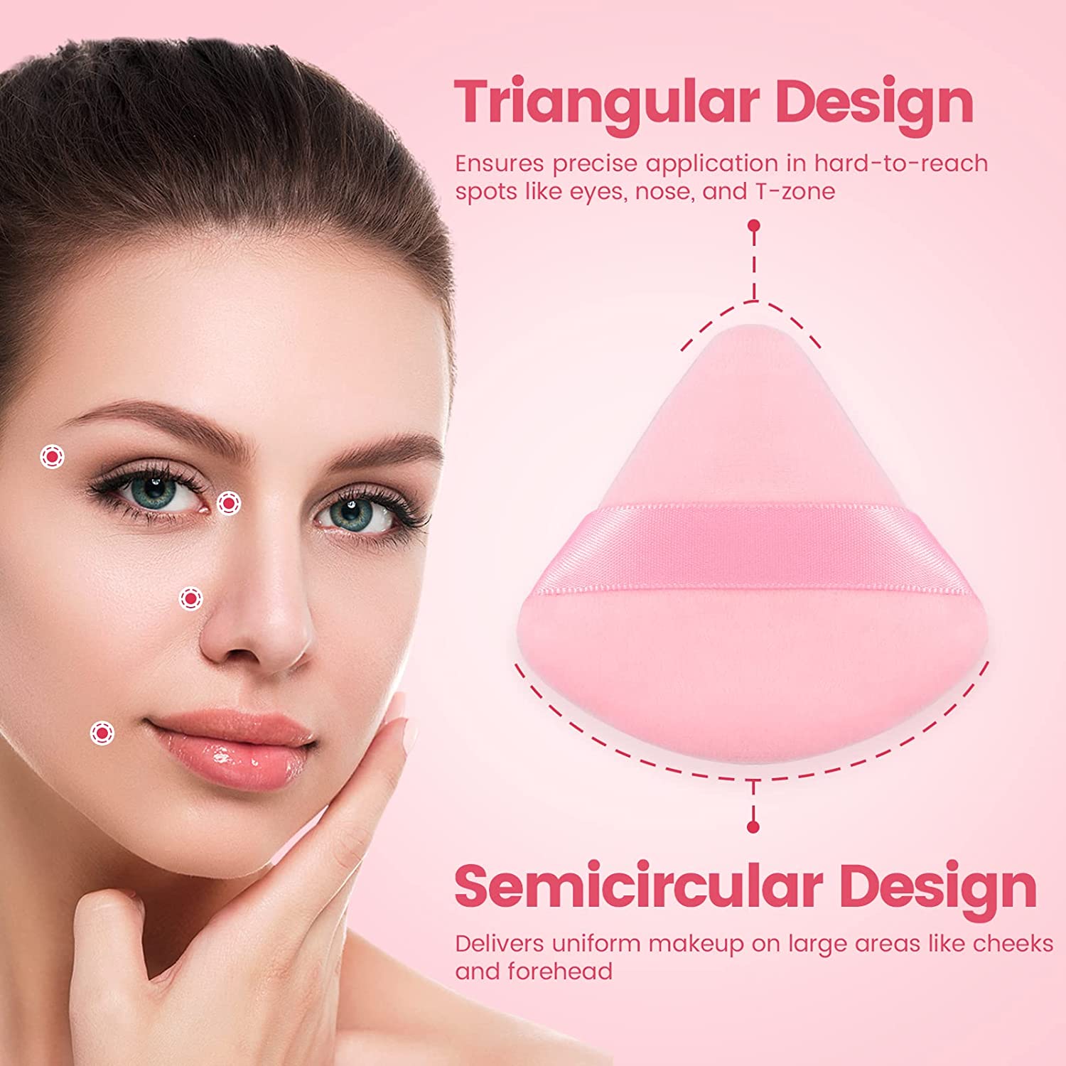 BEAKEY Powder Puffs for Face, Triangle Velour Beauty Sponge for Powder & Liquid Makeup, 6 Pcs Pink - BEAKEY
