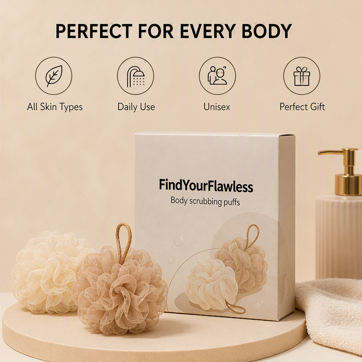 FindYourFlawless Body Scrubbing Puffs, Soft Mesh Shower Loofah with Hanging Loop for Body Cleansing