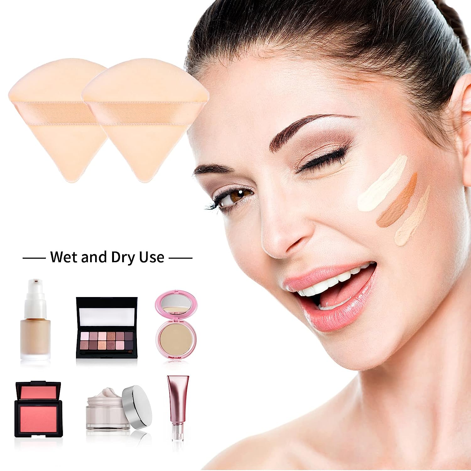BEAKEY Powder Puffs for Face, Triangle Velour Beauty Sponge for Powder & Liquid Makeup, 12 Pcs Nude - BEAKEY