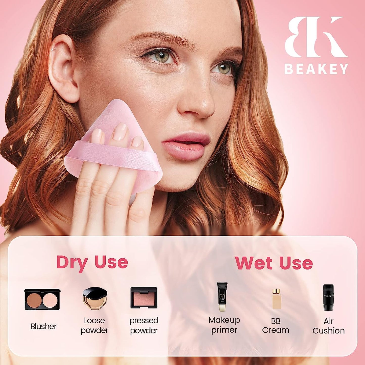 BEAKEY Powder Puffs for Face, Triangle Velour Beauty Sponge for Powder & Liquid Makeup, 6 Pcs Pink - BEAKEY