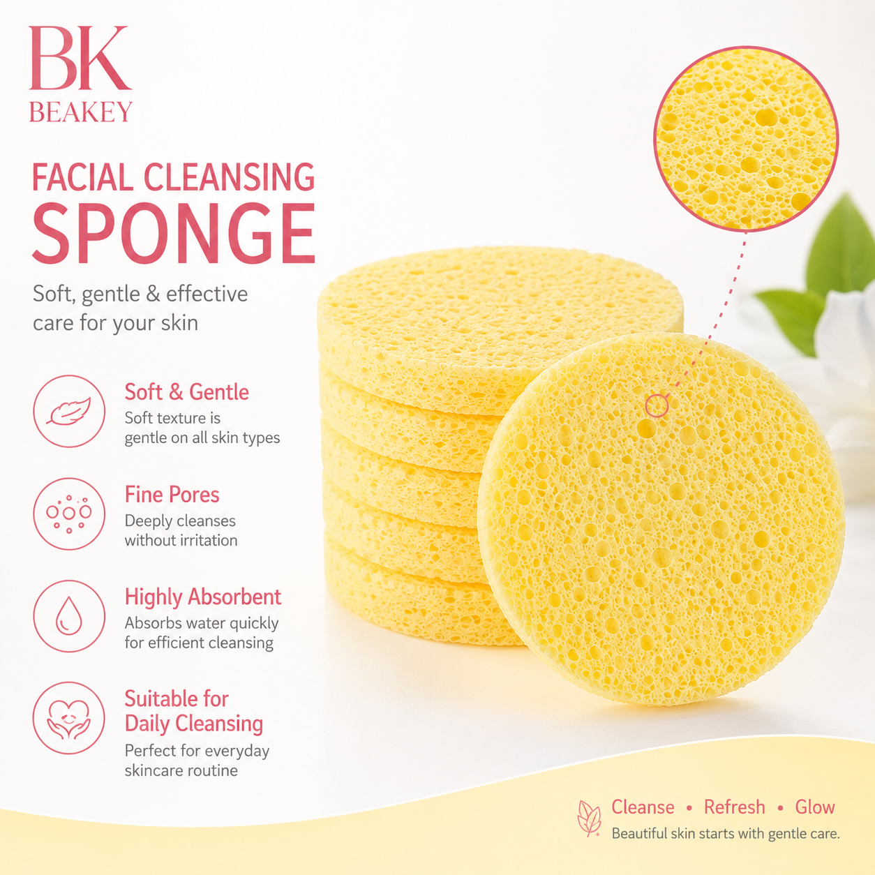 BK BEAKEY Facial Cleansing Sponge, 50 Pack Round Face Cleaning Sponges