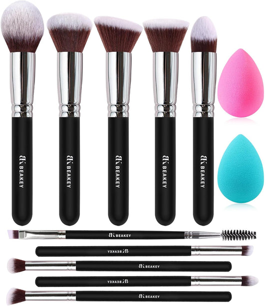 BEAKEY makeup brush set with Kabuki, blush, plus 2 blender sponges - BEAKEY