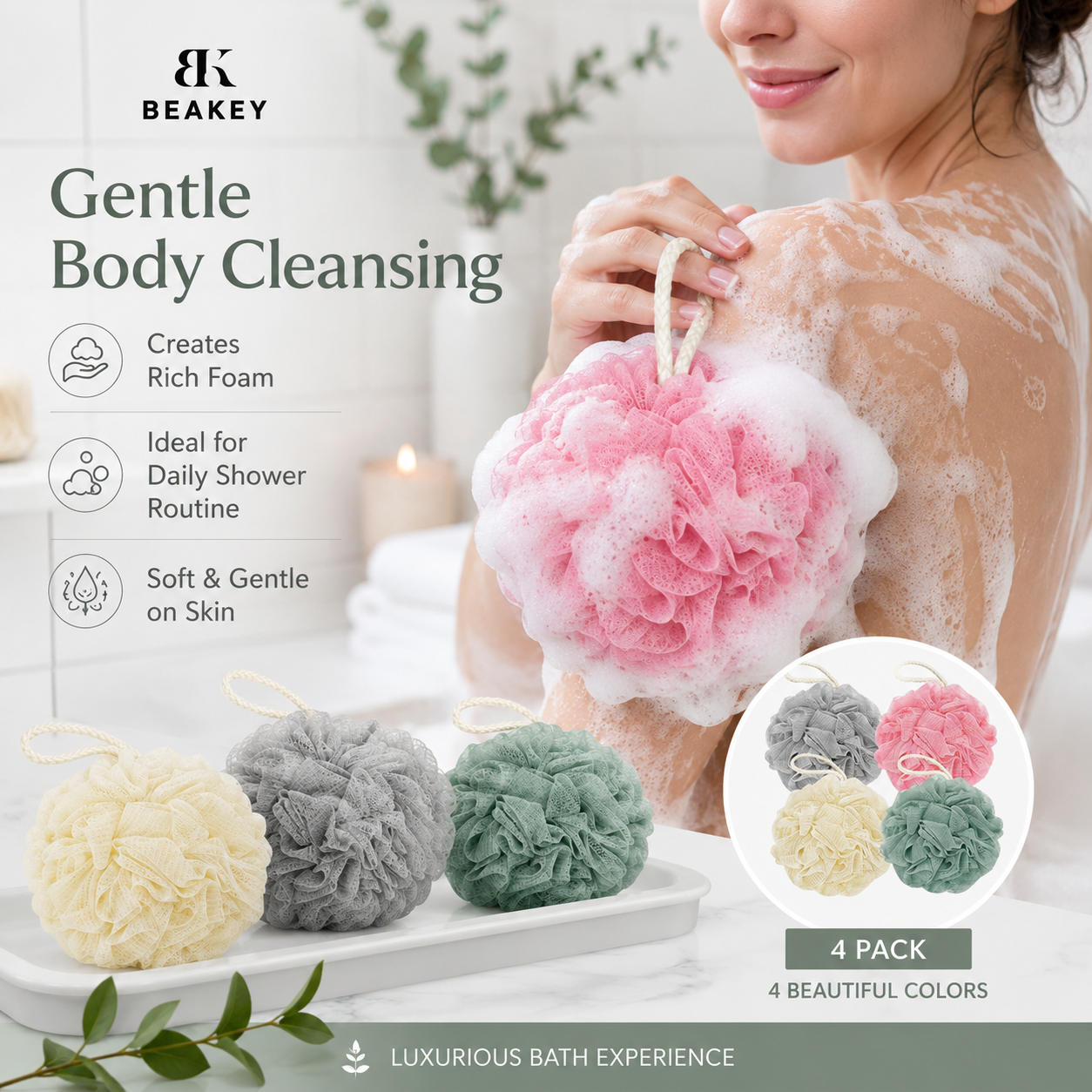 BK BEAKEY Bath Pouf Set, 4 Pack Body Scrubbing Puffs with Hanging Loop, Soft Mesh Shower Loofah Sponges for Rich Lather