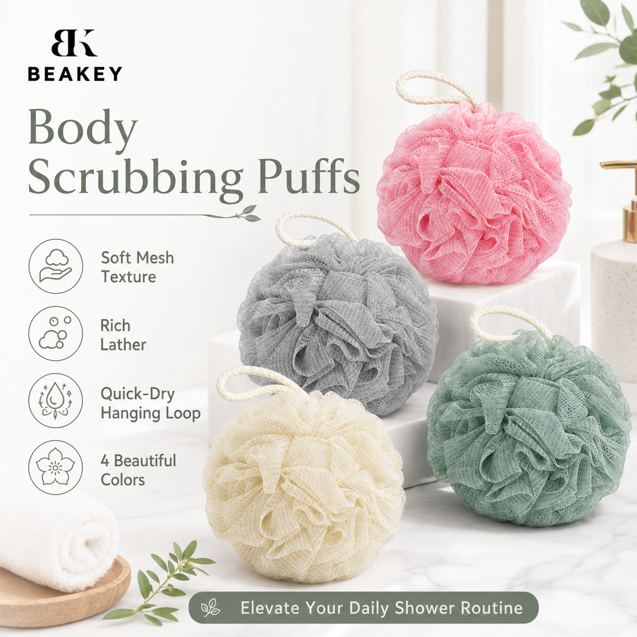 BK BEAKEY Bath Pouf Set, 4 Pack Body Scrubbing Puffs with Hanging Loop, Soft Mesh Shower Loofah Sponges for Rich Lather