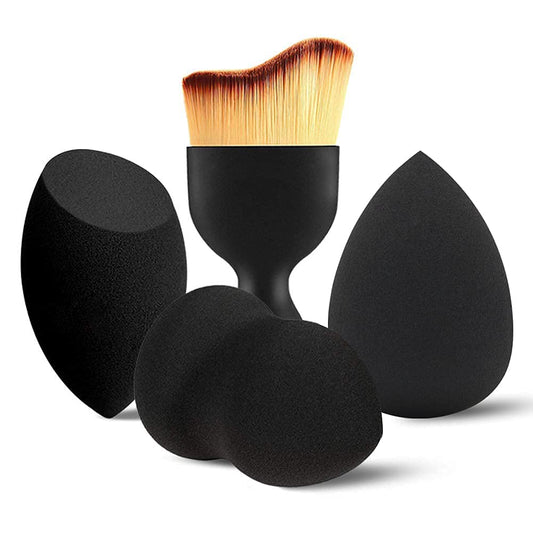 BEAKEY 3+1 Pcs Makeup Sponges with Kabuki Contour Brush, Beauty Sponge Blenders with 3 Shapes for Liquid Foundation, Cream and Powder (3 Sponges+ 1 Contour Brush) - BEAKEY