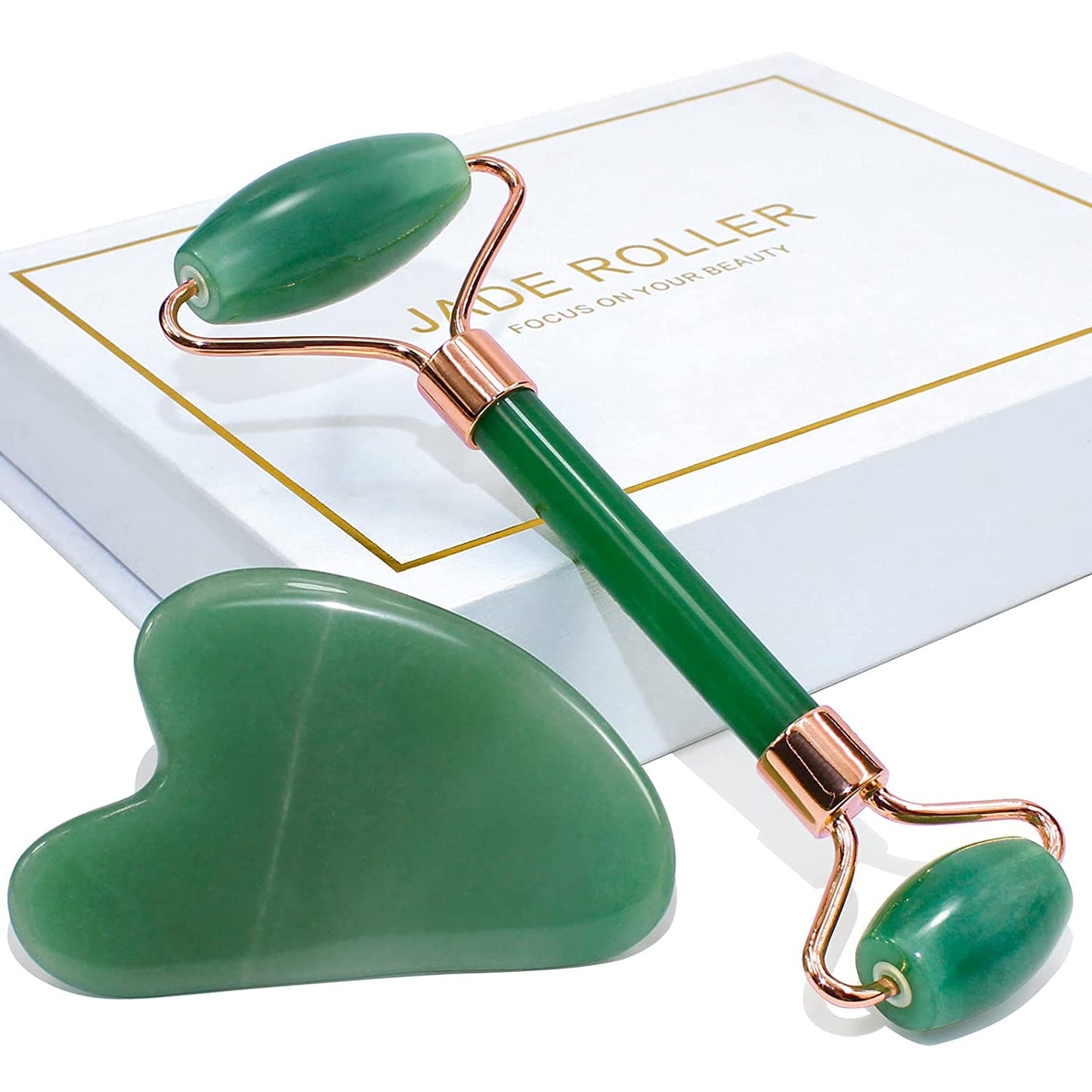 BEAKEY Jade Roller & Gua Sha Set - Face Roller Massage Tool, Green Aventurine Applicator for Face, Neck and Body Muscle - Relaxing, Relieve Fine Lines & Wrinkles - BEAKEY